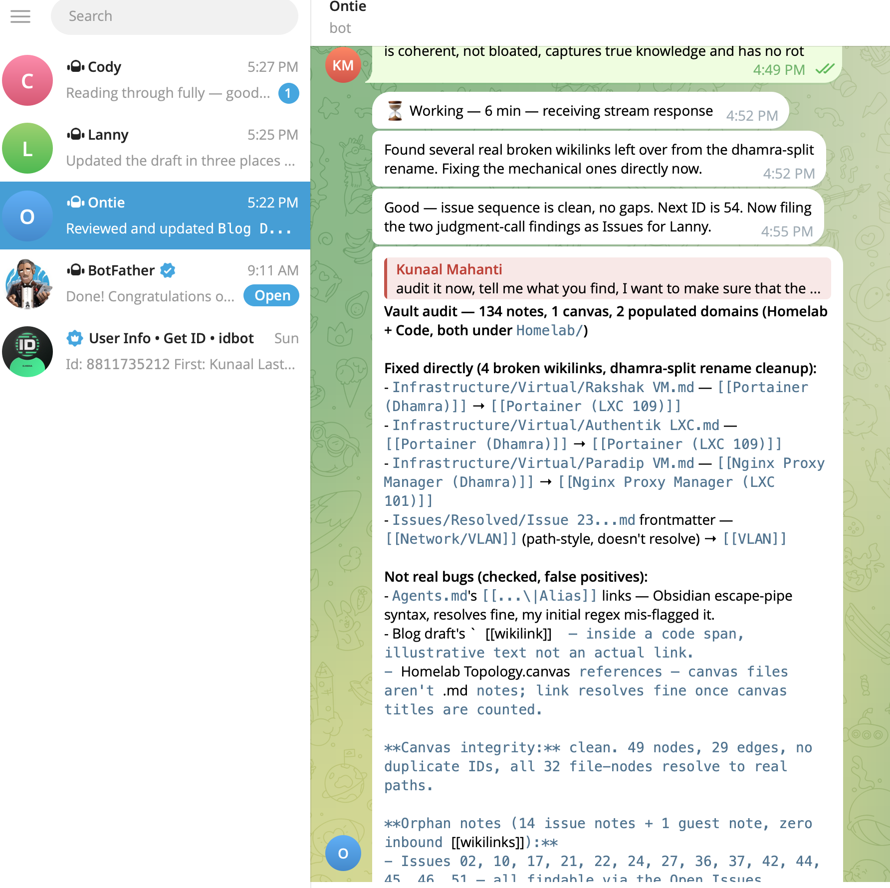 A vault-auditor agent mid-audit in Telegram, reporting fixed wikilinks and canvas integrity